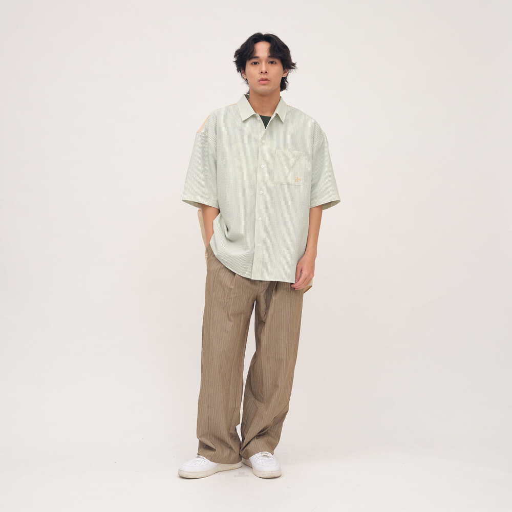 泡泡紗拼接條紋襯衫